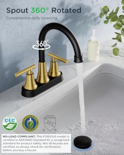 FORIOUS Black and Gold Bathroom Faucets Centerset, 4 in Commercial Faucet - Image 4