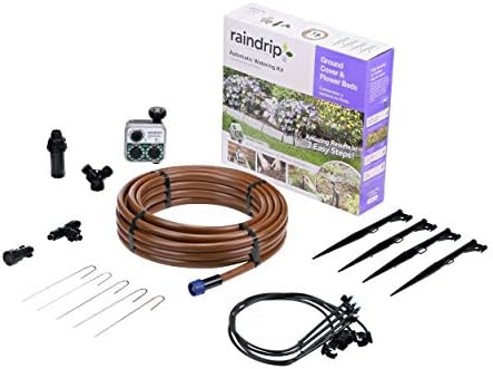 Raindrip SDGCBHP Automatic Drip Irrigation Watering Kit with Timer for Ground Cover & Flower Beds, Waters up to 200 Sq. ft, Timer with Customizable Settings & 13 GPH Half-Circle Adjustable Sprayers, Black;Galvanized Steel;Brown by Raindrip