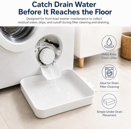 Universal Front Load Washer Drain Pan Kit, 7 x 7 Inch Low-Profile Washing Machine Drain Tray with Drain Accessory Cap and Guide Component, PE Water Catch Pan for Filter Cleaning and Maintenance - Image 2