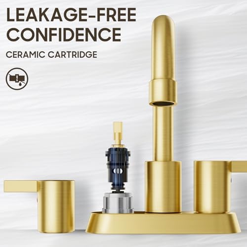 Brushed Gold 4 Inch 2 Handle Centerset Lead-Free Bathroom Faucet, Swivel Spout with Copper Pop Up Drain and 2 Water Supply Lines, BF015-1-BG - Image 6