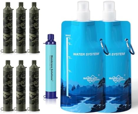 Membrane Solutions Squeezable Water Filtration System, Survival Water Purifier Kit, Portable Backpacking Gear Including Water Filter Straw and 23oz Collapsible Bottle for Hiking Camping Travel(7+2) by MembraneSolutions