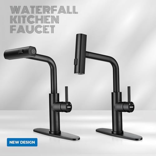 WEWE Waterfall Kitchen Faucet, Pull-Down Sprayer, Matte Black, 3-Mode - Image 2