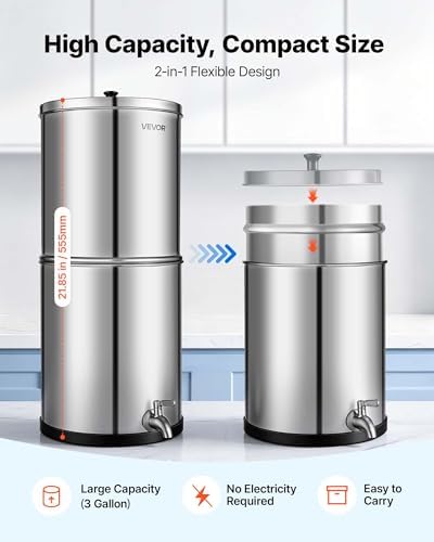 VEVOR Gravity-fed Water Filter System, 3G 304 Stainless-Steel Countertop Water Filtration System, Reduces Lead and up to 99% of Chlorine, with 2 Ceramic Carbon Filters, and Spigot, for Home Camping RV - Image 6