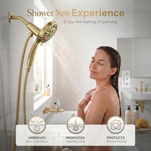 High Pressure Handheld Shower Head Brushed Gold- Anti-clog Nozzles, Built-in Power Wash to Clean Tub, Wall & Overhead Brackets,Magnetitc Rainfall Showerhead with handheld - Image 2
