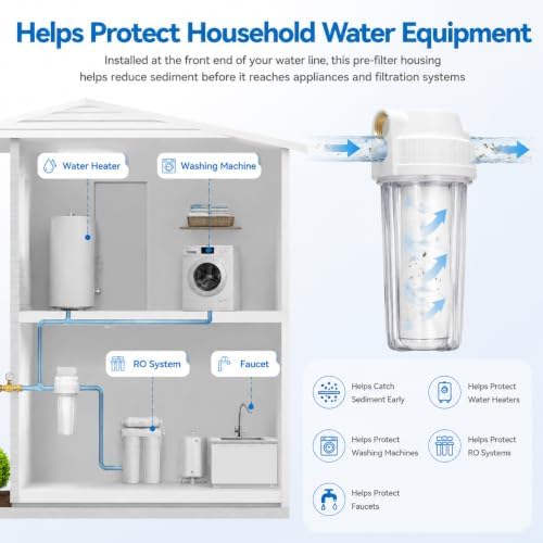 Whole House Water Filter Housing, Fit 10"x2.5" Sediment etc Filters for Well and City Water, Pre-Filtration System for Home, 3/4" Brass Port, Heavy Duty Steel Bracket, 4 Screws, Wrench, 1 Pp Cotton - Image 3
