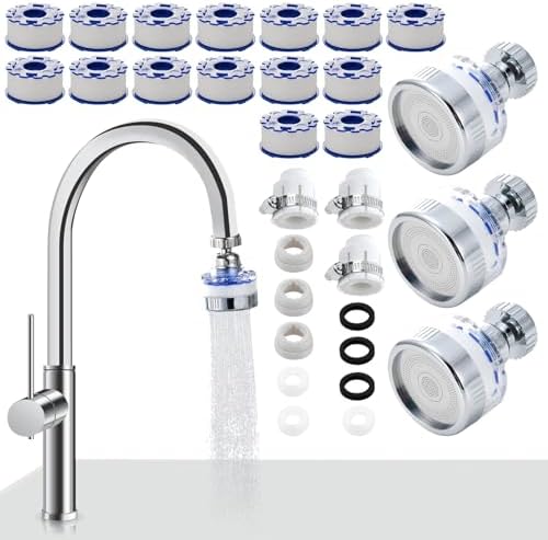 3 Pack Sink Water Filter Faucet, 360° Rotating Faucet-Mount Water Purifier with 15 Filter Cartridges, Removes Chlorine, Fluoride & Heavy Metals from Hard Water for Kitchen & Bathroom by AIDUCHO