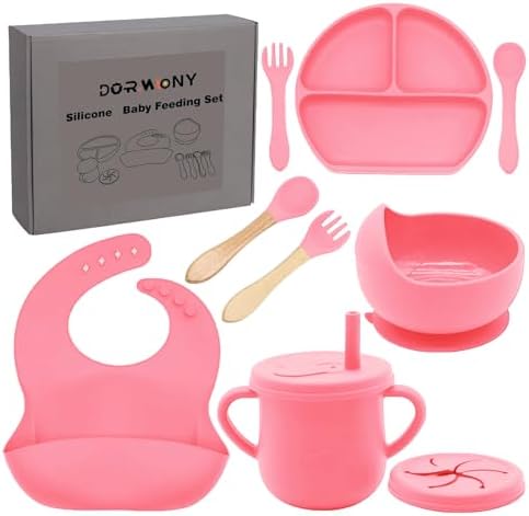 100% Silicone baby feeding set,BPA free Baby dishes set with Suction Bowl Divided Plate,Toddler Self Feeding Dish Set with Spoons Forks Sippy Cup And Bib, Baby Eating Utensils (Hot Pink) by Dormlony