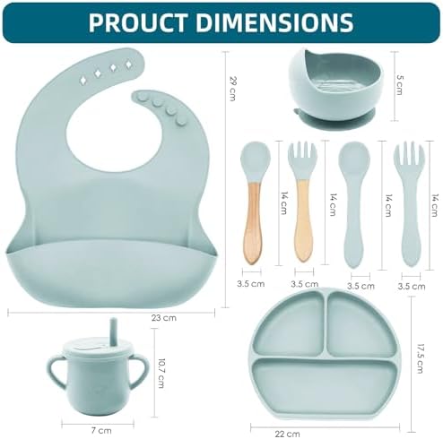100% Silicone Baby Feeding Set,BPA Free Baby Dishes Set with Suction Bowl Divided Plate,Toddler Self Feeding Dish Set with Spoons Forks Sippy Cup and Bib, Baby Eating Utensils(Light Blue) - Image 2