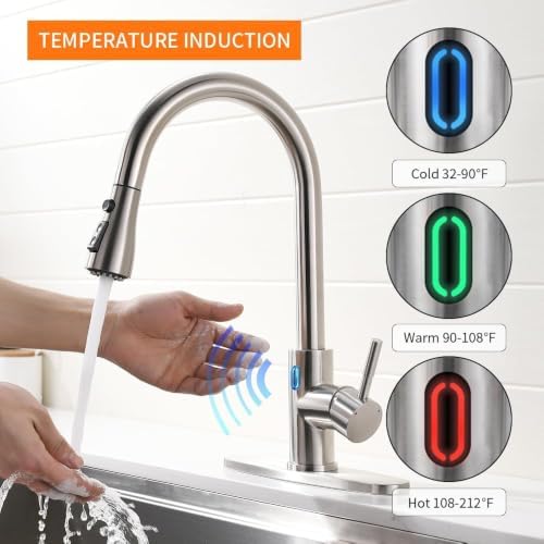Touchless Kitchen Faucet with Pull Down Sprayer for Kitchen Sink, Single Handle Motion Sensor Faucet with LED Light and Dual-Function Spray, Hands-Free Brushed Nickel Stainless Steel - Image 2