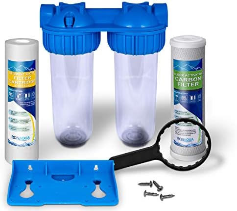 Dual Whole House Water Filter System, Transparent Standard Housings, Presser Relief Button, 3/4” Inlet/Outlet Brass Port, Meets NSF Standards & Regulations (Carbon Block and Sediment Filters) by Ronaqua