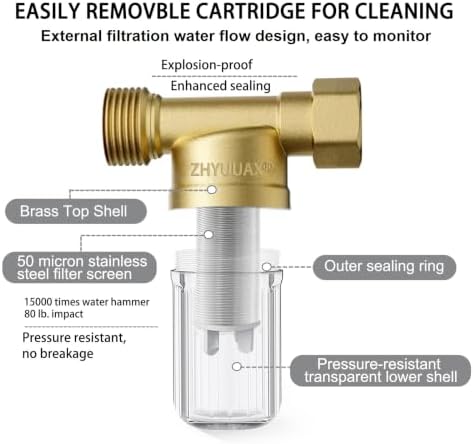 YH02 50 Micron Reusable Brass Washer Water Filter, Compact Washing Machine Water Filter System, for Washing Machine, Shower, Camping, Travel, Anti Scale Portable Sediment Filter - Image 2