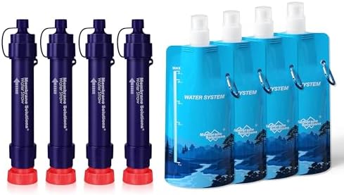 Membrane Solutions S2 Detachable Water Filter Straw (Pack of 4) with 23oz Collapsible Squeezable Water Pouch (Set of 4) by MembraneSolutions
