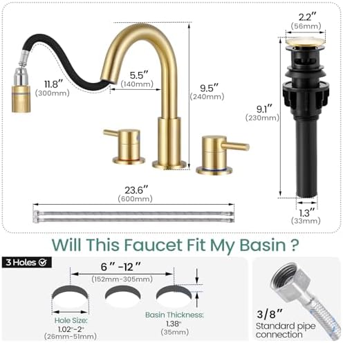 Brushed Gold Bathroom Sink Faucet 3 Hole with Pull Down Sprayer - Image 7