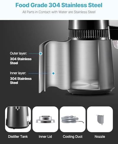 VEVOR Water Distiller, 4L /1.1 Gallon Pure Water Distilled for Home Table Countertop, 750W Distilling Maker with Glass Carafe, Stainless Steel Interior Drinking Machine to Make Clean Waters, Grey - Image 4