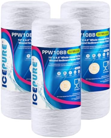 ICEPURE 50 Micron 10”*4.5'' Whole House Sediment String Wound Water Filter Replacement filter for 84637, WPX5BB97P, PC10, 355214-45, 355215-45, WP10BB97P, WP5BB97P, 3 PACK by ICEPURE