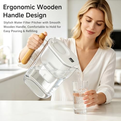 Water Filtration Pitcher with 2 Replacement Filters, Premium Wood Handle, BPA-Free Water Filter Pitcher, Improves Tap Water Taste, Refrigerator-Friendly Design - Image 7