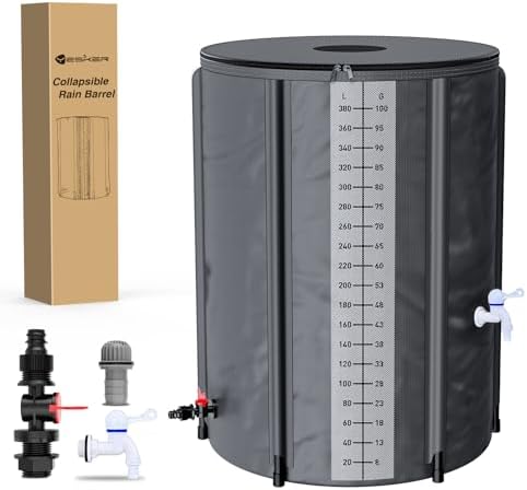 Yesker Collapsible Rain Barrel, 100 Gallon Portable Rainwater Collection System, 550D PVC Water Storage Tank, Rain Catcher with Spigots Filter Overflow Kit, Grey by YESKER