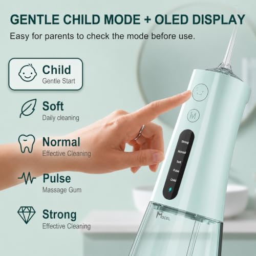 MOCEL Water Dental Flosser, Cordless Portable Oral Irrigator with OLED Display, 300ml Water Tank, 5 Cleaning Modes, 6 Jet Tips, IPX7 Waterproof Rechargeable Teeth Cleaner for Travel, Braces Green - Image 2
