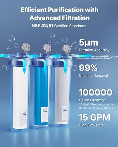 VEVOR Whole House Water Filter System, 3-Stage | Sediment, IMR, CTO | 4.5" x 20" Home Water Purifier Filter Reduce Iron, Manganese, Chlorine, Bad Taste, Odor, Rust - Image 4