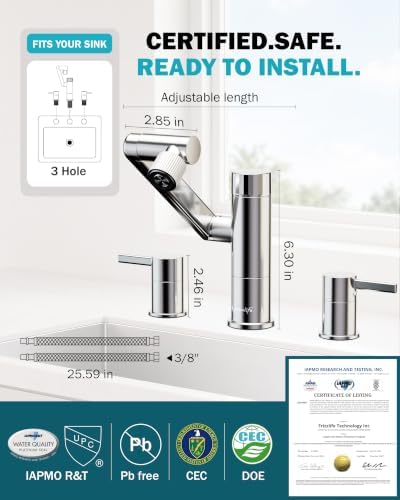 Frizzlife MF1080-X 8-Inch Widespread Bathroom Sink Faucet with Built-In Carbon Block Water Filter, NSF/ANSI 372 Certified, 3-Hole Kitchen Sink Faucet, 1080° Rotating, Stream/Spray, 304 Stainless Steel - Image 3