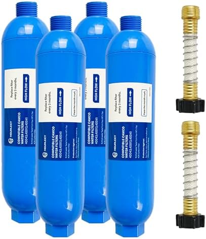 Hourleey 4 Pack RV Inline Water Filter with 2 Flexible Hose Protector, Reduce Bad Taste, Odors, Rust, Fluoride, Chlorine and Sediment in Drinking Water, Dedicated for RVs Campers Marines by Hourleey