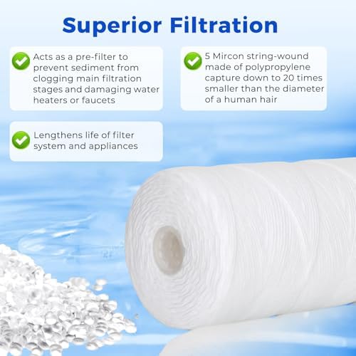 PC40 10 Inch 5-Micron Sediment Replacement Filter Cartridge 4 Packs with 8 O-Rings, High Capacity Whole House & RO System Universal Water Filtration Seamless Compatibility with Pelican Water Systems - Image 3