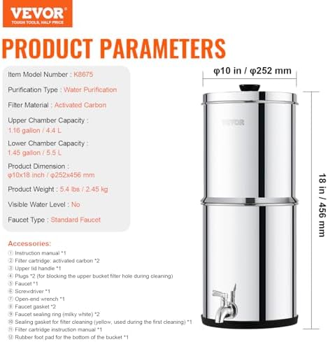 VEVOR Gravity-fed Water Filter System, 1.5G 304 Stainless-Steel Countertop System, Water Filtration System, Reduces Lead and up to 99% of Chlorine, with 2 Carbon Filters & Spigot, for Home Camping RV - Image 7