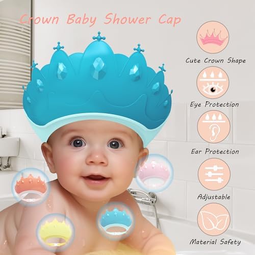 Baby Shower Cap Shield, Baby bath set shower cap, Visor Hat for Eye and Ear Protection for 0-9 Years Old Children,Cute Crown Shape Makes the Baby Bath More Fun (Blue) - Image 2