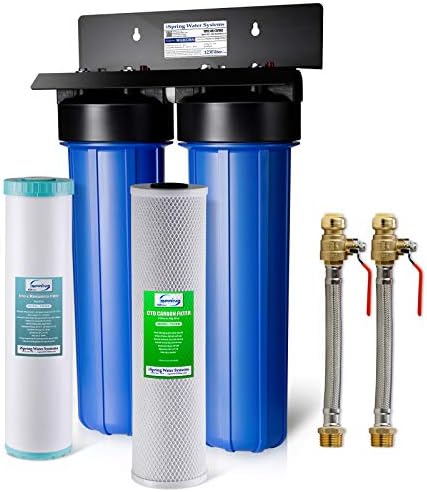 iSpring WGB22BM+AHPF12MNPT16X2 2-Stage Whole House Water Filtration System with 20” x 4.5” Carbon Block and Iron & Manganese Reducing Filters and 3/4" Push-fit Stainless Steel Hose Connectors, Blue by iSpring