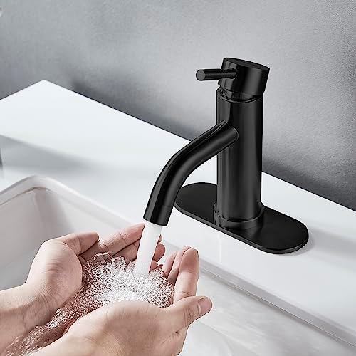 Single Hole Bathroom Sink Faucet Matte Black, Modern Single Handle Bathroom Faucet Commercial Stainless Steel Basin Faucet with Drain - Image 2