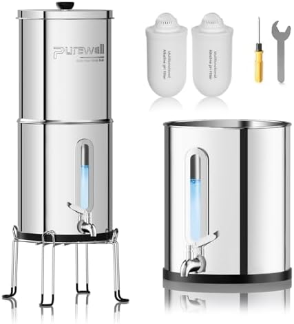 Purewell Upgraded 9-Stage Gravity Water Filter System with Water Level Window, 0.01μm Ultra-Filtration Countertop System with 2 Filters and Stand, pH 8-9, Reduce 99% Chlorine, BO-PH-2.25G by Purewell