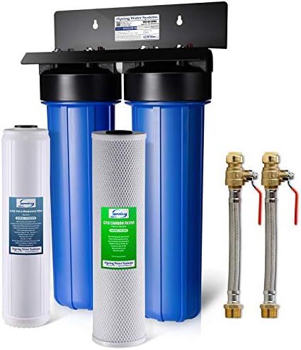 iSpring WGB22B-PB+AHPF12MNPT16X2 2-Stage Whole House Water Filtration System with 20” x 4.5” Carbon Block and Lead Reducing Filters and 3/4" Push-fit Stainless Steel Hose Connectors, Blue by iSpring