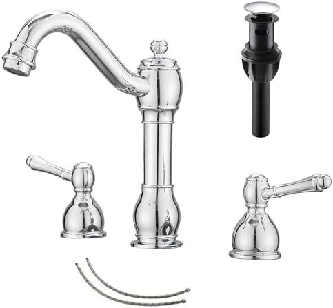 2 Handles 3 Holes Faucet Widespread Bathroom Sink Faucet Basin Tap Mixer Supply Hose Included Matching Pop Up Drain Polished Chrome by GGStudy