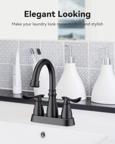 WEWE 4-Inch Centerset Laundry Faucet, 2-Handle, Matte Black, Pop-Up Drain - Image 2
