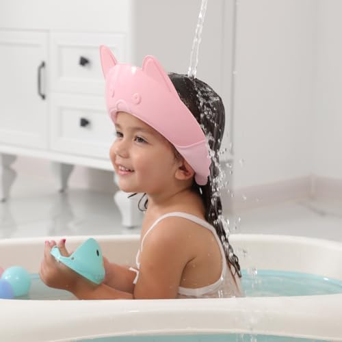 Shower Cap for Kids, Baby Shower Cap bath wash Shampoo rinser shield Hat Adjustable head hair Visor Protection Toddler and Children,Prevent water from entering eyes and ears (Pink fox) by AMTOOCH