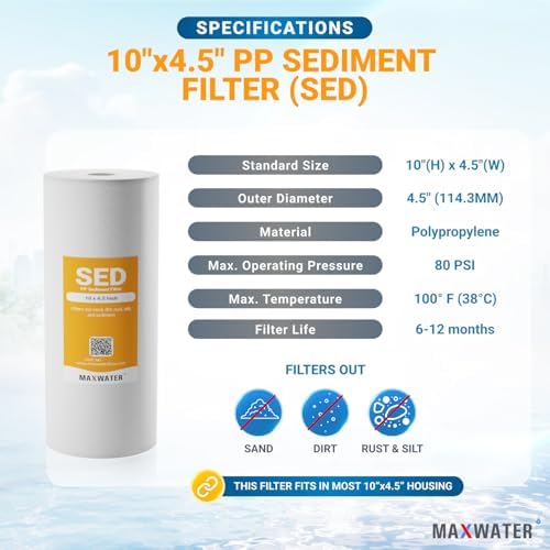 Max Water 5 Micron 10 x 4.5 inch Whole house Sediment Water Filter | Meltblown Polypropylene Well Water Filter Replacement Cartridges for DGD-5005, AP810, SDC-45-1001, GXWH30C, PP10BB (20 Pack) - Image 2