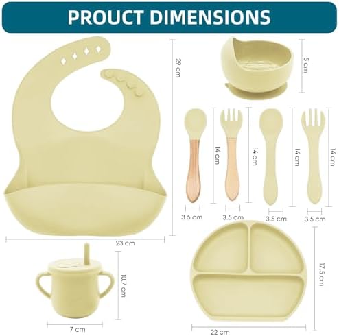 100% Silicone baby feeding set,BPA free Baby dishes set with Suction Bowl Divided Plate,Toddler Self Feeding Dish Set with Spoons Forks Sippy Cup And Bib, Baby Eating Utensils (Yellow) - Image 3