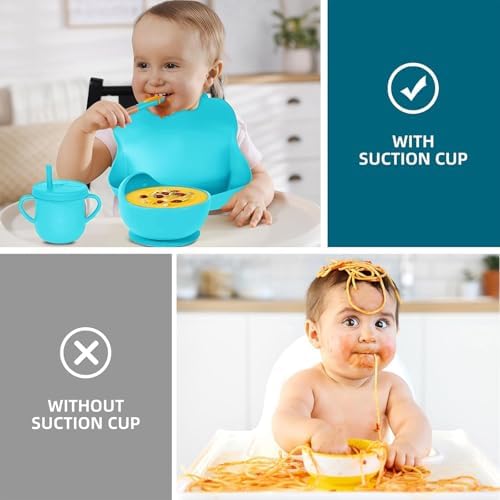 100% Silicone baby feeding set,BPA free Baby dishes set with Suction Bowl Divided Plate,Toddler Self Feeding Dish Set with Spoons Forks Sippy Cup And Bib, Baby Eating Utensils (Cyan Blue) - Image 5