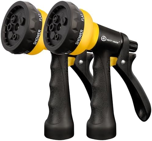 AUTOMAN-Garden-Hose-Nozzle, 2 Pack ABS Water Spray Nozzle with Heavy Duty 7 Adjustable Watering Patterns,Slip Resistant for Watering Plants,Lawn& Garden,Washing Cars,Cleaning,Showering Pets - Yellow by AUTOMAN