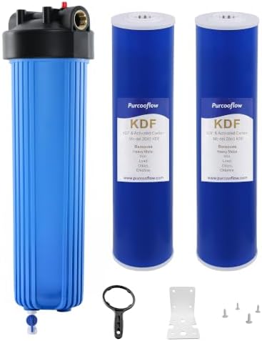 20" x 4.5" Whole House Water Filter Removes Heavy Metals-KDF Filter with Bottom Drain Port - 1" NPT Brass Ports, BPA-Free Blue Sump by Purcooflow