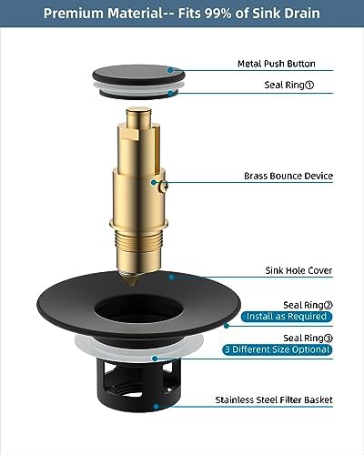 Hibbent All Metal Universal Bathroom Sink Stopper for 1.1''~2.3'' Basin, Pop Up Sink Drain Strainer, Brass Bullet Core Push Type Stopper, Stainless Steel Anti Clogging Drain Filter, Matte Black - Image 5