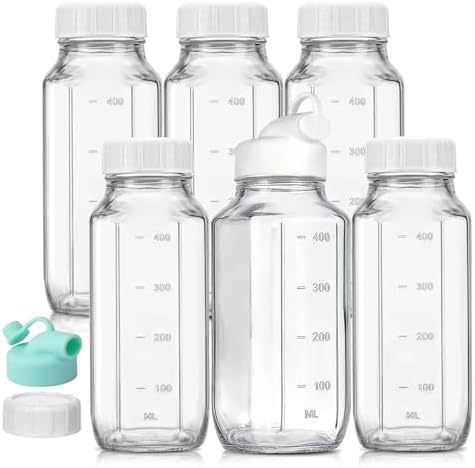 CUCUMI 6 Pack 16 Oz Glass Milk Bottles with Lids by CUCUMI