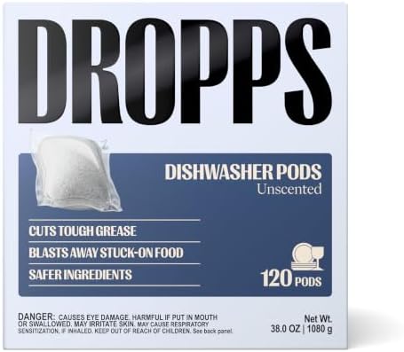 Dropps UltraWash Dishwasher Detergent Pods, Unscented (120 Ct) - Free & Clear | Cuts Grease & Stuck-On Food | Sparkling Dishes & Glasses | Residue-Free | Clean Ingredients | Plastic Free Packaging by Dropps
