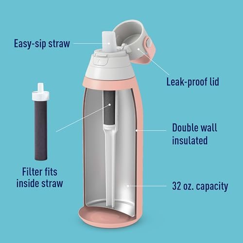 Brita Stainless Steel Premium Filtering Water Bottle, BPA-Free, Reusable, Insulated, Replaces 300 Plastic Water Bottles, Filter Lasts 2 Months or 40 Gallons, Includes 1 Filter, Rose - 32 oz - Image 3