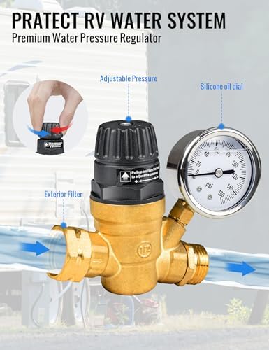 RV Water Pressure Regulator Kit, RV Fresh Water Kit All-in-One Sprinkler Blowout Adapter, Inline Water Filter, Hose Splitter, Brass Elbow, Flexible Connector, Hose Quick Connects, Leak Repair Kit - Image 2