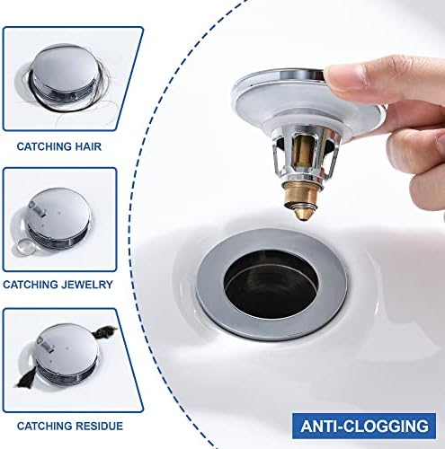 Universal 3-in-1 Bathroom Sink Stopper - Chrome Pop Up Sink Drain Stopper, Push Button Sink Drain Stopper Replacement, Wash Basin Drain Filter Plug with Anti-Clogging Strainer, (Large Cover) - Image 4