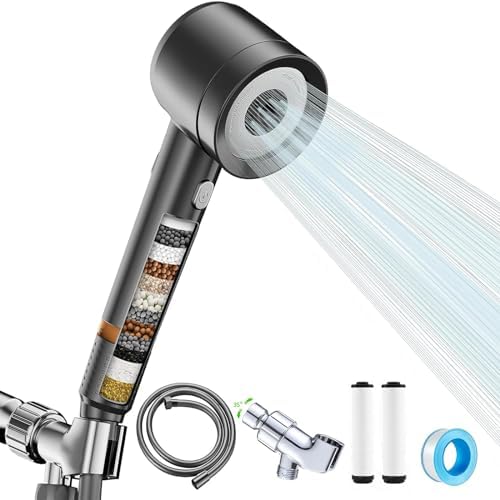 High Pressure Shower Head with Handheld, with Pause Switch 4 Spray Modes Water Saving Filter Showerhead, Showerhead Set with Hose, Bracket and Cotton Filter, Make Bathing Healthier (Grey) by Pre-TapedMaskingPaper