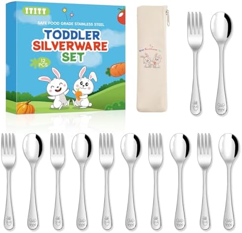 12 Pieces Stainless Steel Toddler Utensils Set - Food Grade Kids Silverware Set Children Safe Small Forks and Spoons Mirror Polished Sturdy and Durable Dishwasher Safe by ITITT