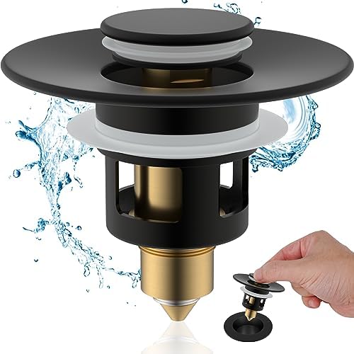 Hibbent All Metal Universal Bathroom Sink Stopper for 1.1''~2.3'' Basin, Pop Up Sink Drain Strainer, Brass Bullet Core Push Type Stopper, Stainless Steel Anti Clogging Drain Filter, Matte Black by Hibbent
