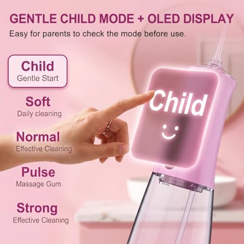 MOCEL Water Dental Flosser, Cordless Portable Oral Irrigator with OLED Display, 300ml Water Tank, 5 Cleaning Modes, 6 Jet Tips, IPX7 Waterproof Rechargeable Teeth Cleaner for Home, Travel, Braces Pink - Image 2